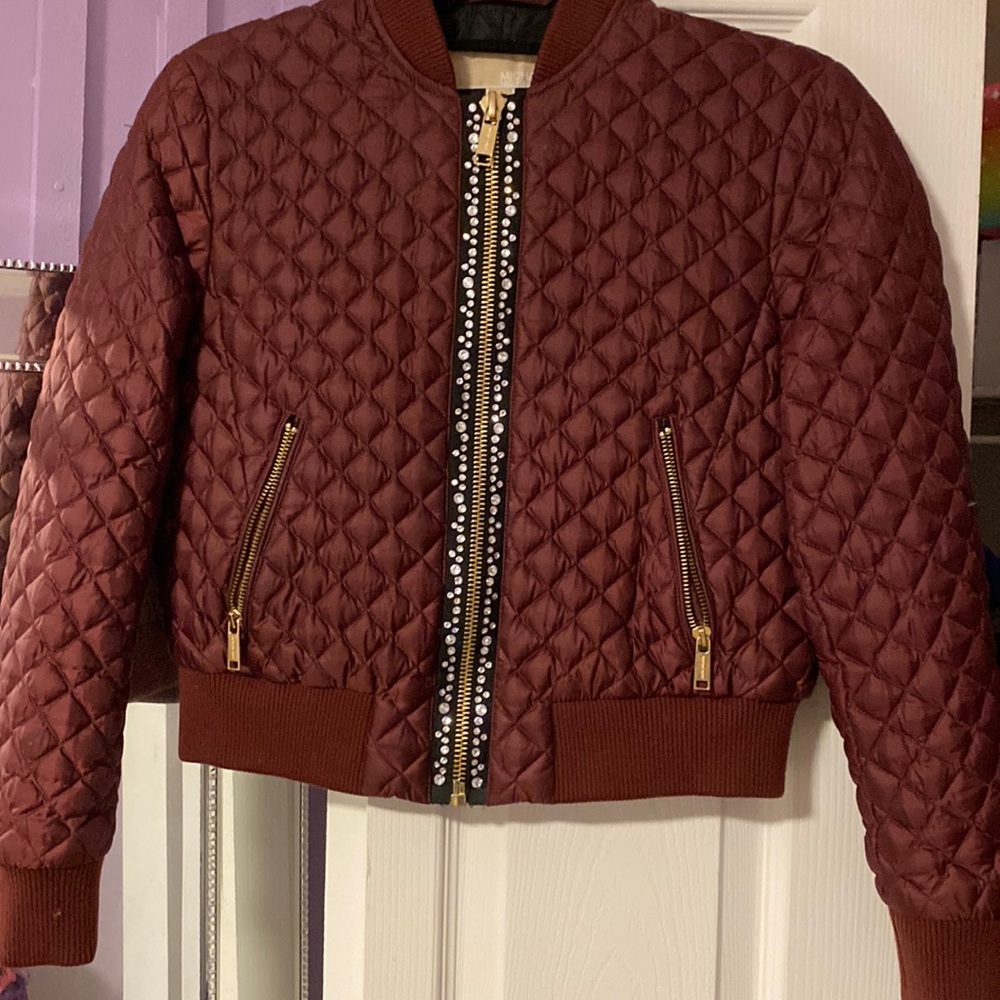 Red Quilted Embellished Bomber Jacket